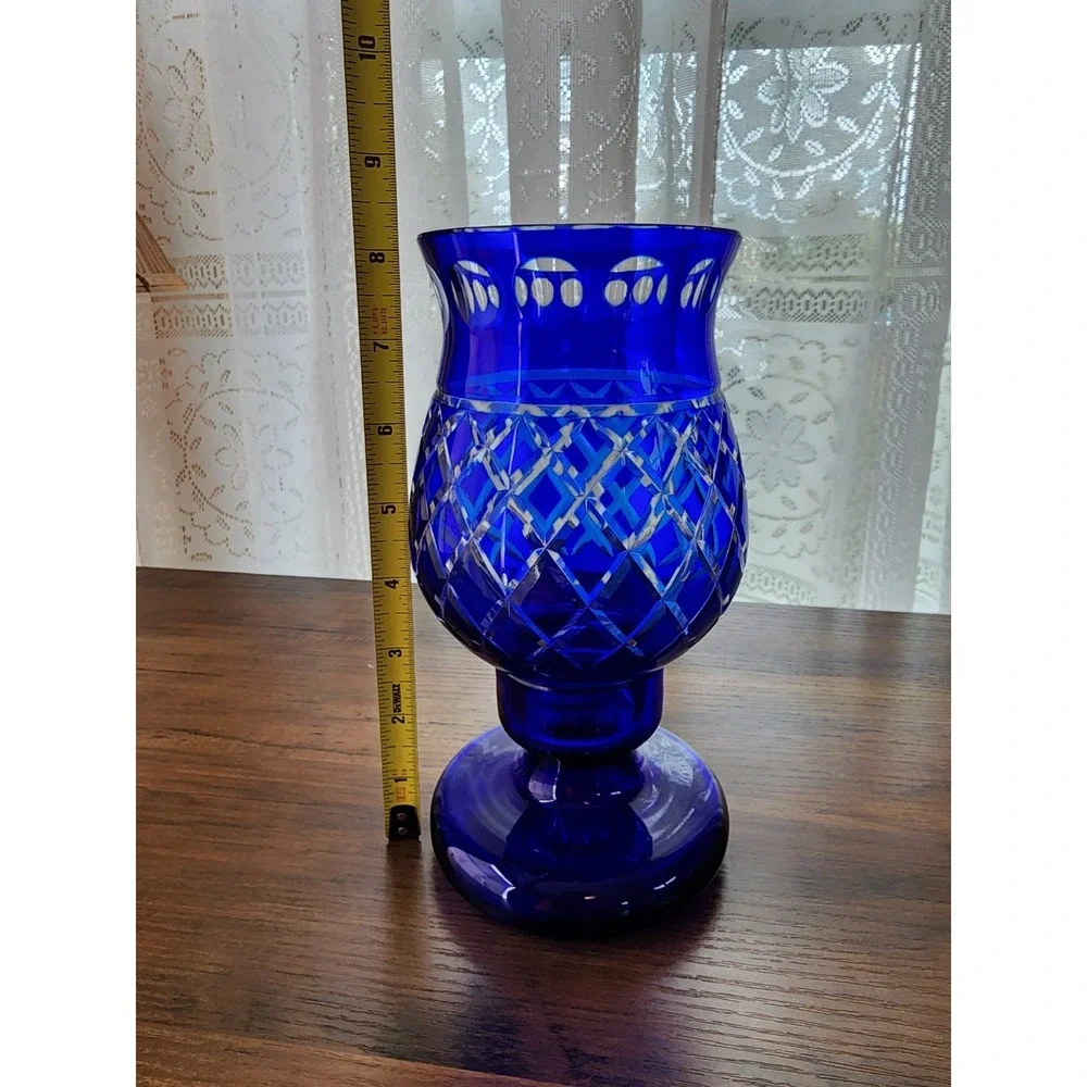 Cobalt Blue Fairy Lamp Crystal Victorian Cut Glass Hurricane Candle Cottagecore